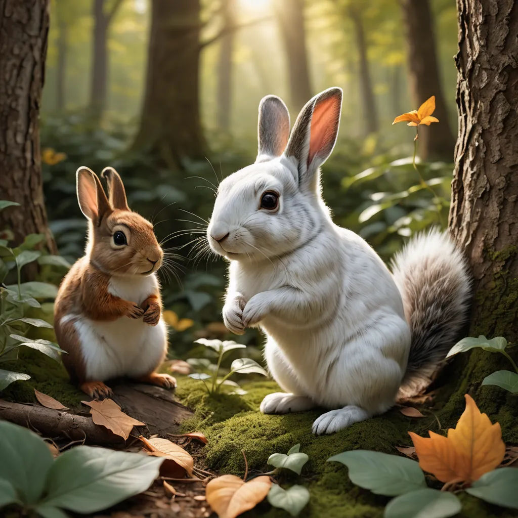 two rabbits sitting in the woods with leaves around them and one rabbit is looking at the camera with a curious look on its face, furry art, a digital painting, Chris LaBrooy, ultra realistic digital art