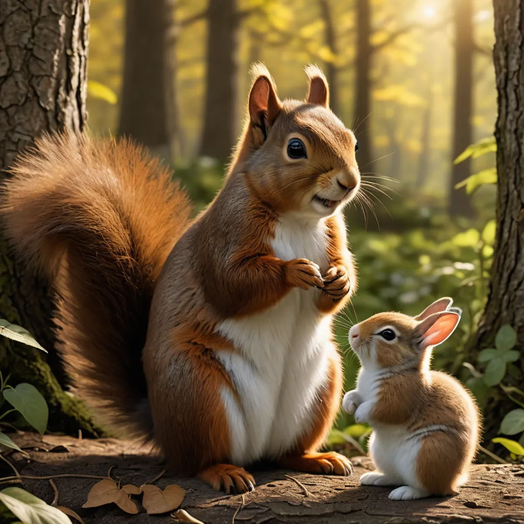 a squirrel and a rabbit are standing in the woods together, with the baby rabbit looking on from behind, furry art, a 3D render, Chris LaBrooy, cgstudio