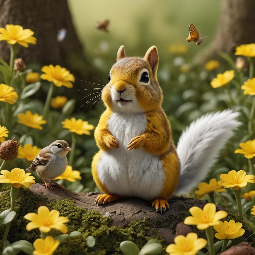 a squirrel and a bird are sitting on a rock in a field of flowers and daisies with a butterfly flying overhead, photorealism, an oil painting, Chris LaBrooy, highly detailed digital painting
