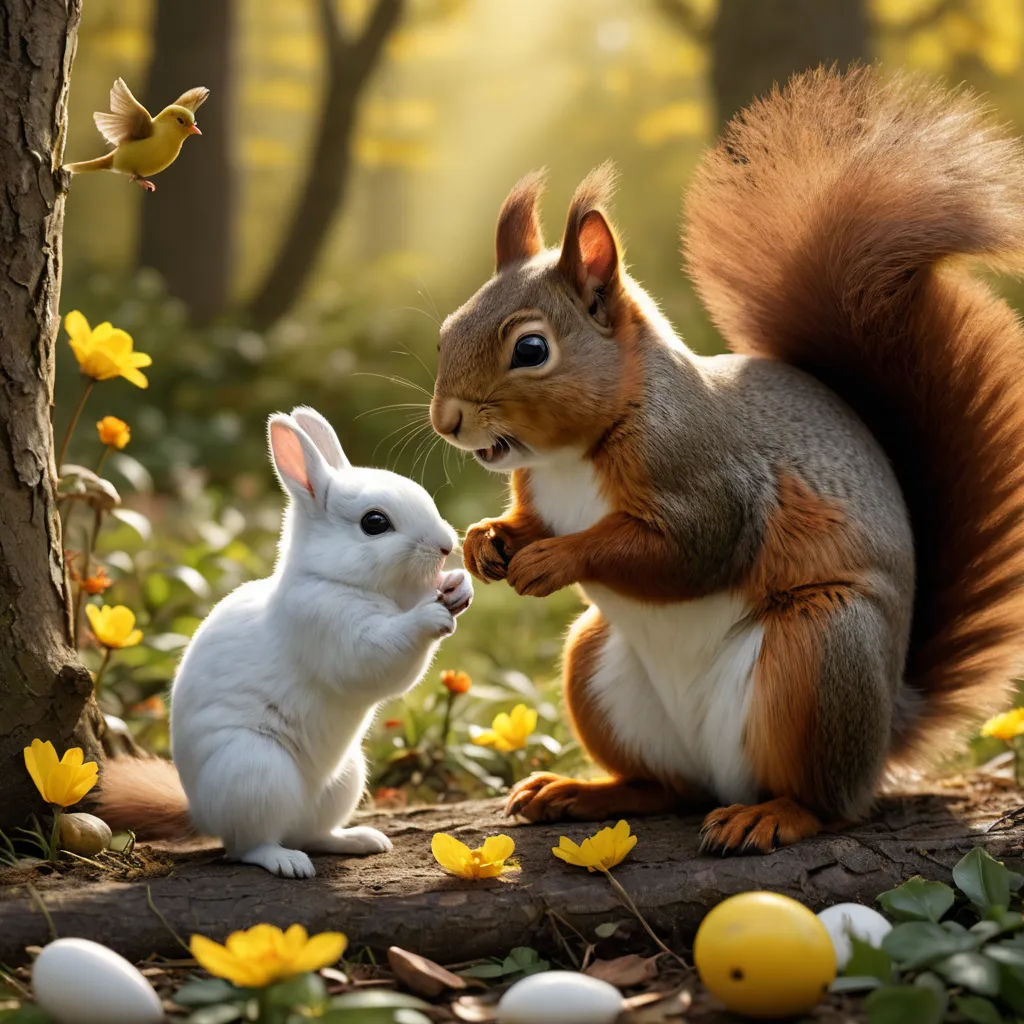 a squirrel and a rabbit are standing in the woods with flowers and eggs around them, and one of the squirrels is looking at the other squirrel, naturalism, a storybook illustration, Chris LaBrooy, behance hd