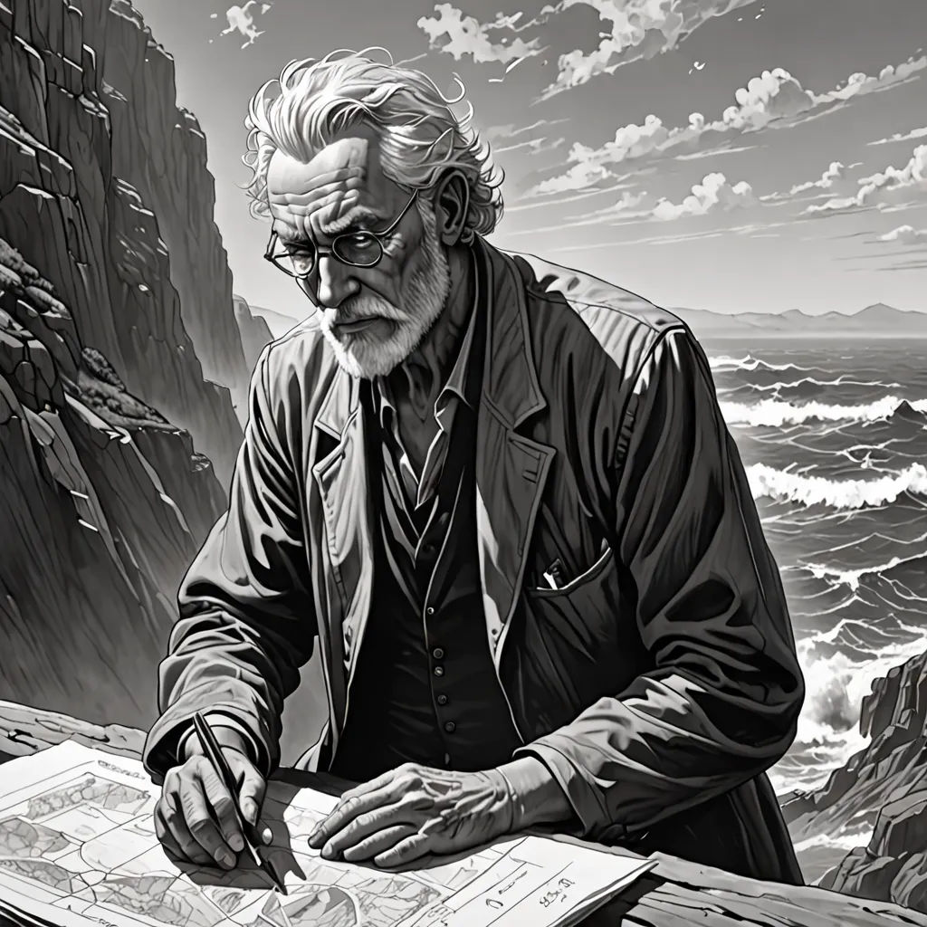 a man sitting at a table with a map and a pen in his hand and a mountain in the background, Donato Giancola, modern european ink painting, a comic book panel, yukito kishiro