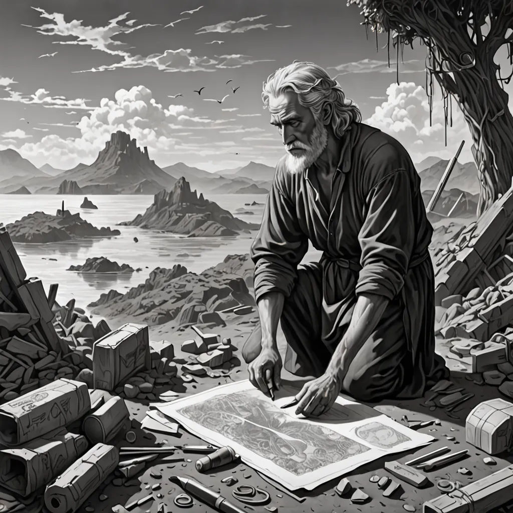 a man sitting on a pile of books next to a map and a tree in the background with a bird flying over it, Dan Mumford, fantasy art, a detailed matte painting, magic the gathering artwork