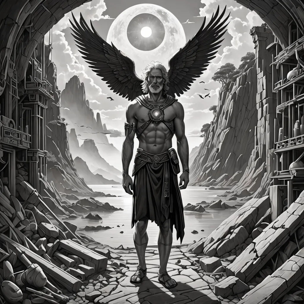 a man with wings standing in a tunnel with a moon in the background and a mountain in the background, Edgar Ainsworth, fantasy art, an ambient occlusion render, epic fantasy character art