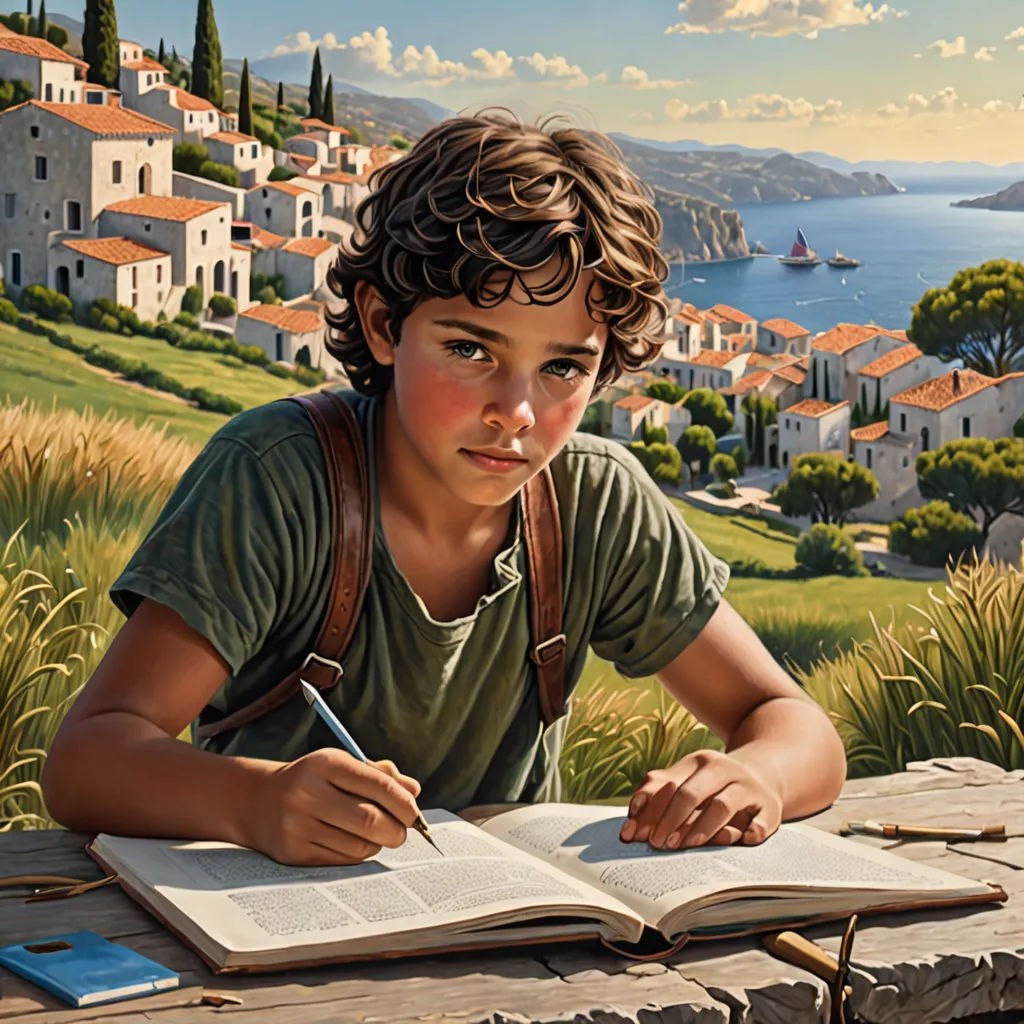 a painting of a boy writing on a book with a view of a town in the background and a lake, Bob Byerley, fantastic realism, a detailed matte painting, highly detailed digital painting
