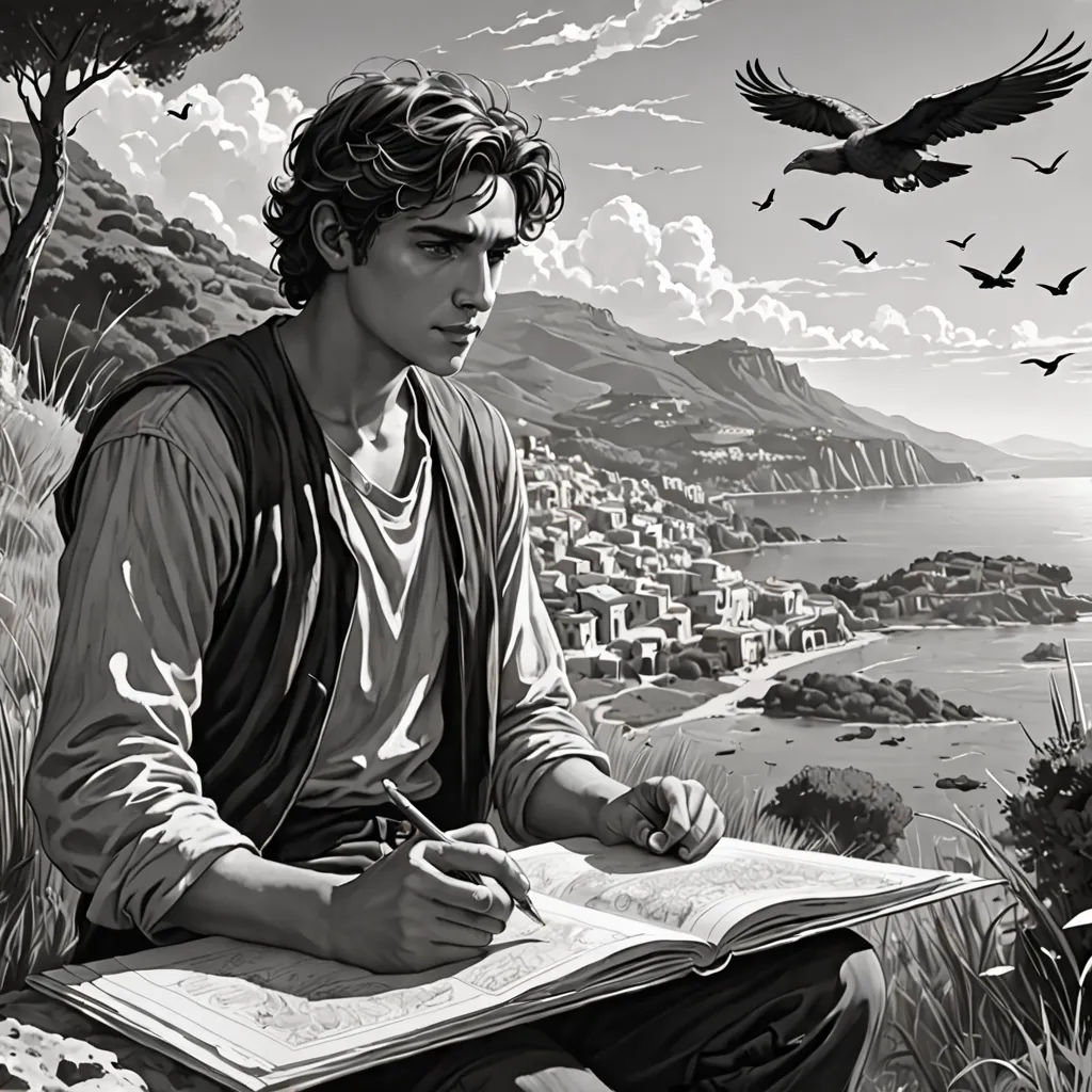 a man sitting on a rock with a book and a bird flying over him and a city in the background, Donato Giancola, fantasy art, an ultrafine detailed painting, highly detailed digital painting