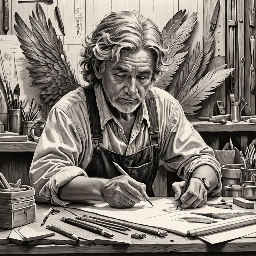 a drawing of a man with wings on his head working on a piece of art on a table with a pencil, Donato Giancola, fantasy art, an ultrafine detailed painting, highly detailed digital painting