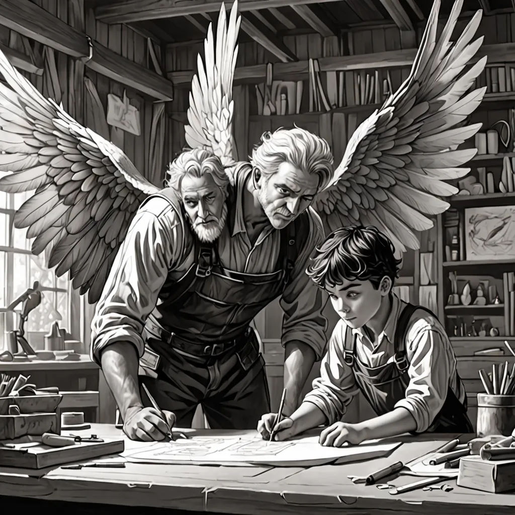a black and white drawing of two men and a boy looking at a book with wings on it,, Aaron Jasinski, fantasy art, a storybook illustration, stanley artgerm lau