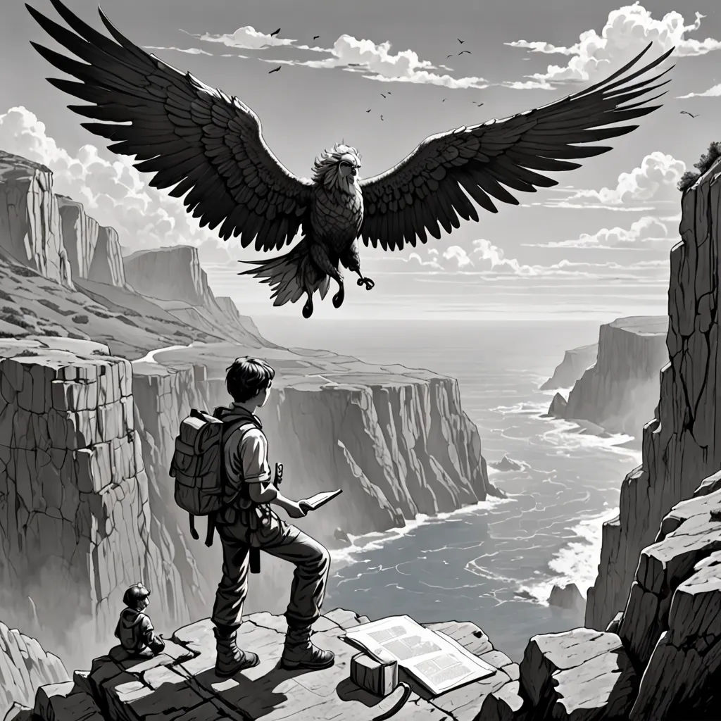 a man with a backpack looking at a bird flying over a cliff top with a book in his hand, Dirk Crabeth, fantasy art, a storybook illustration, storybook illustration