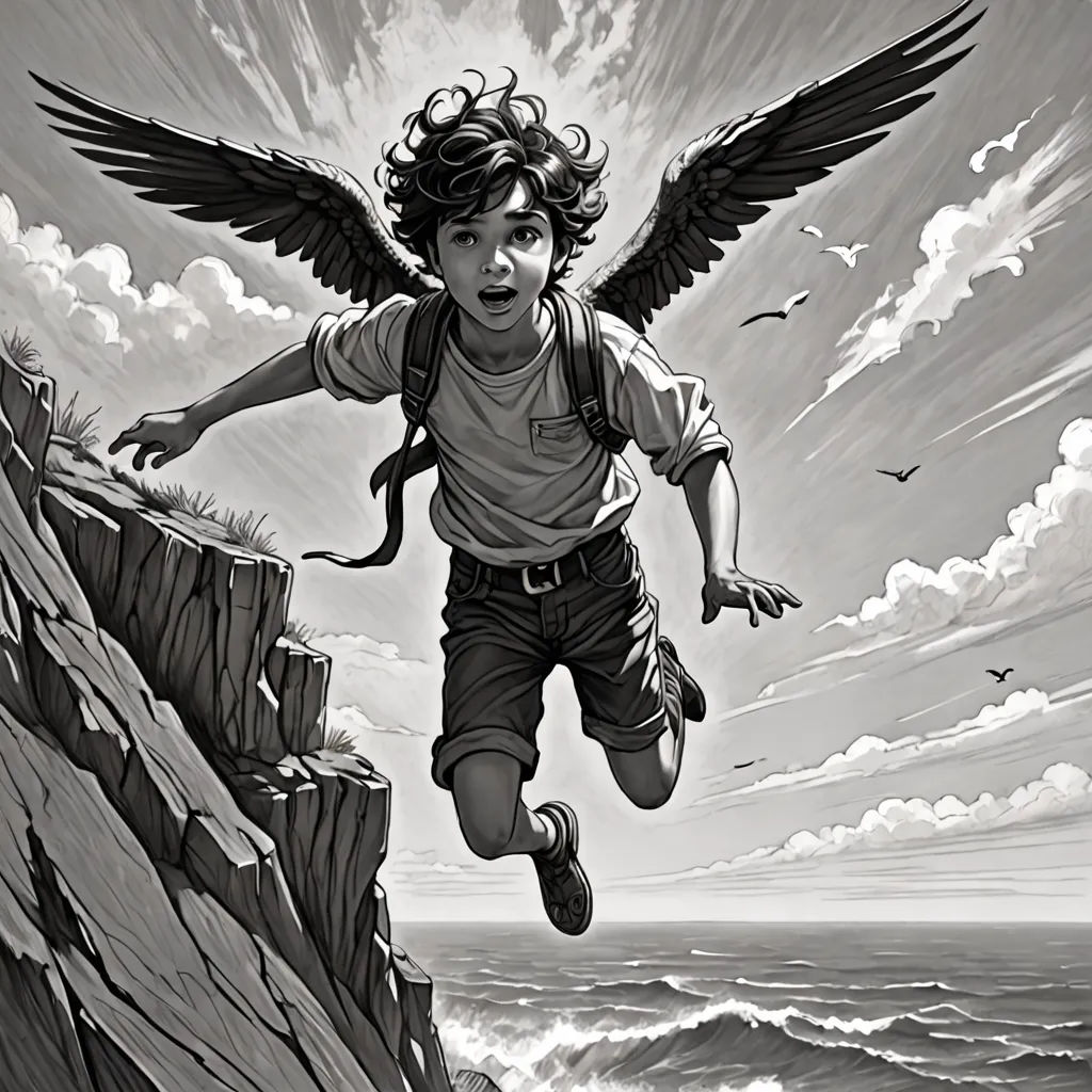a boy with wings is jumping off a cliff into the ocean from a cliff with a bird flying over him, Aaron Jasinski, fantastic realism, a storybook illustration, comic cover art