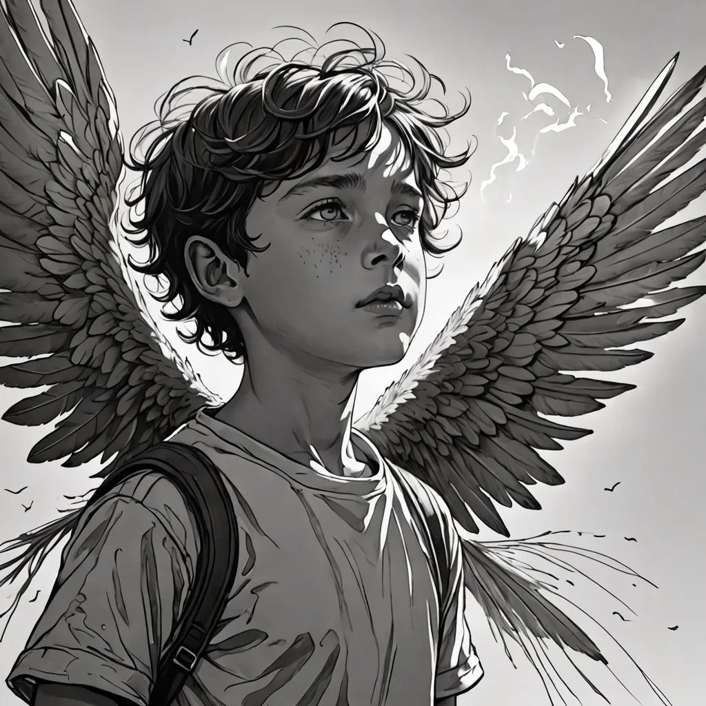 a boy with a backpack and wings on his back, looking up at the sky with smoke coming out of his ears, Bastien Lecouffe-Deharme, hyperrealism, a detailed drawing, stanley artgerm lau