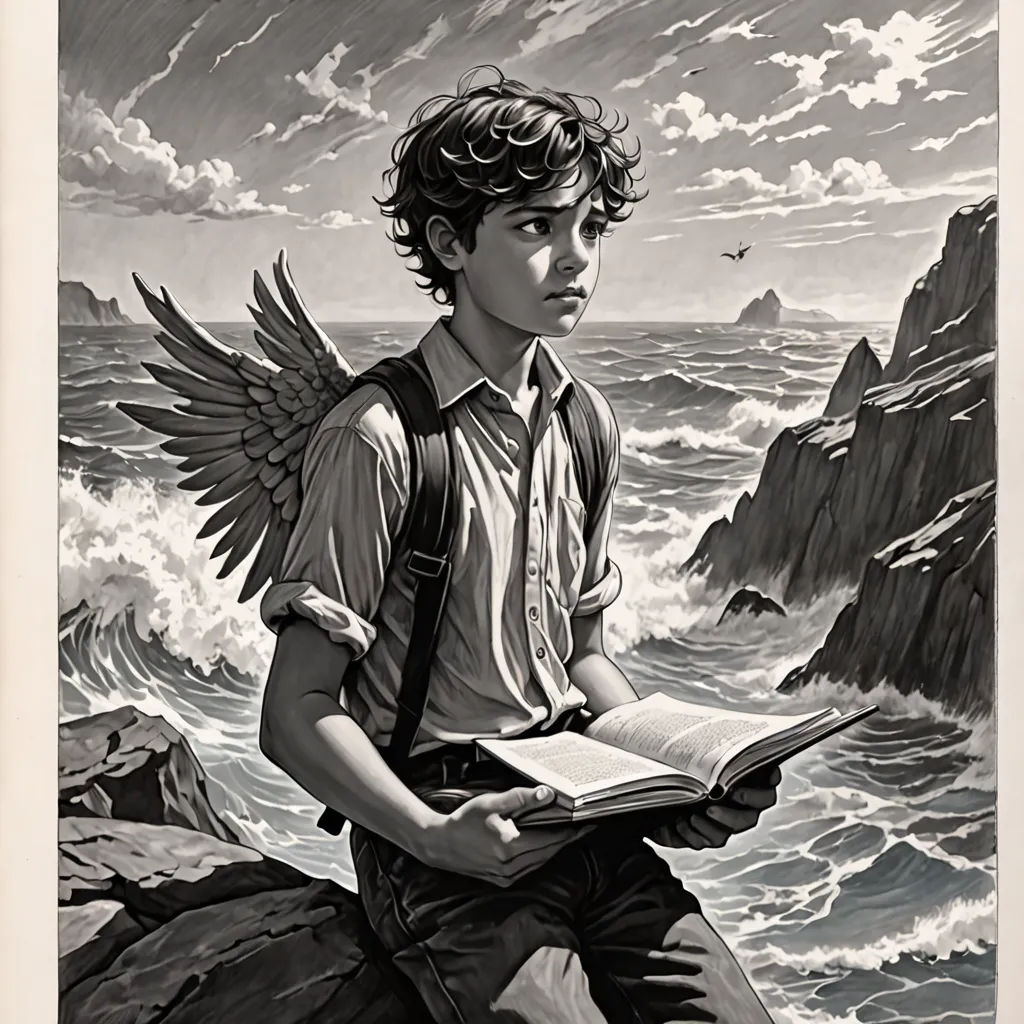 a boy with a book and wings on a cliff by the ocean with a bird flying over him and a bird flying over him, Aaron Jasinski, fantastic realism, a storybook illustration, stanley artgerm lau