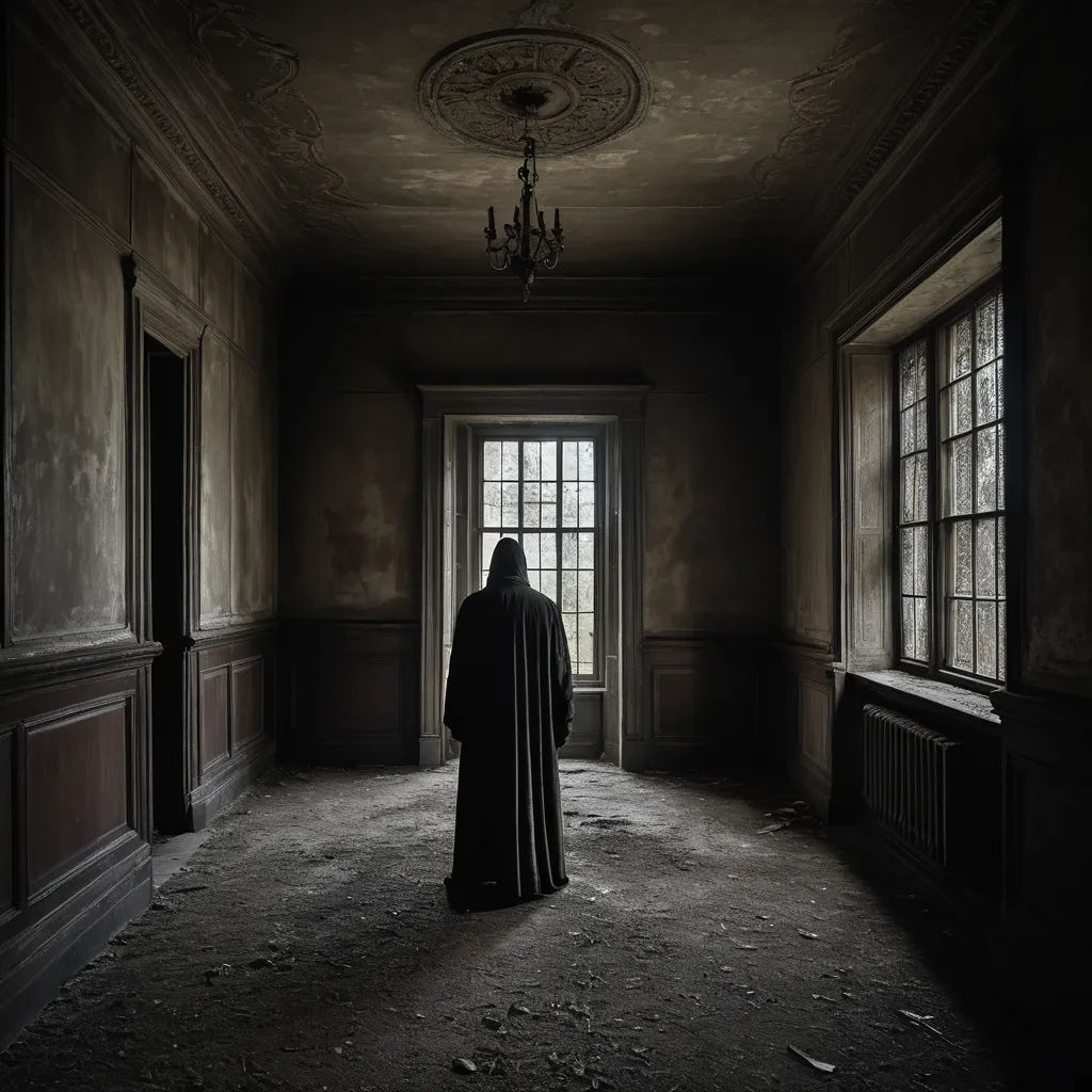 a person in a dark room with a robe on and a light on above them and a chandelier hanging from the ceiling, gothic art, an album cover, Dirk Crabeth, dark art