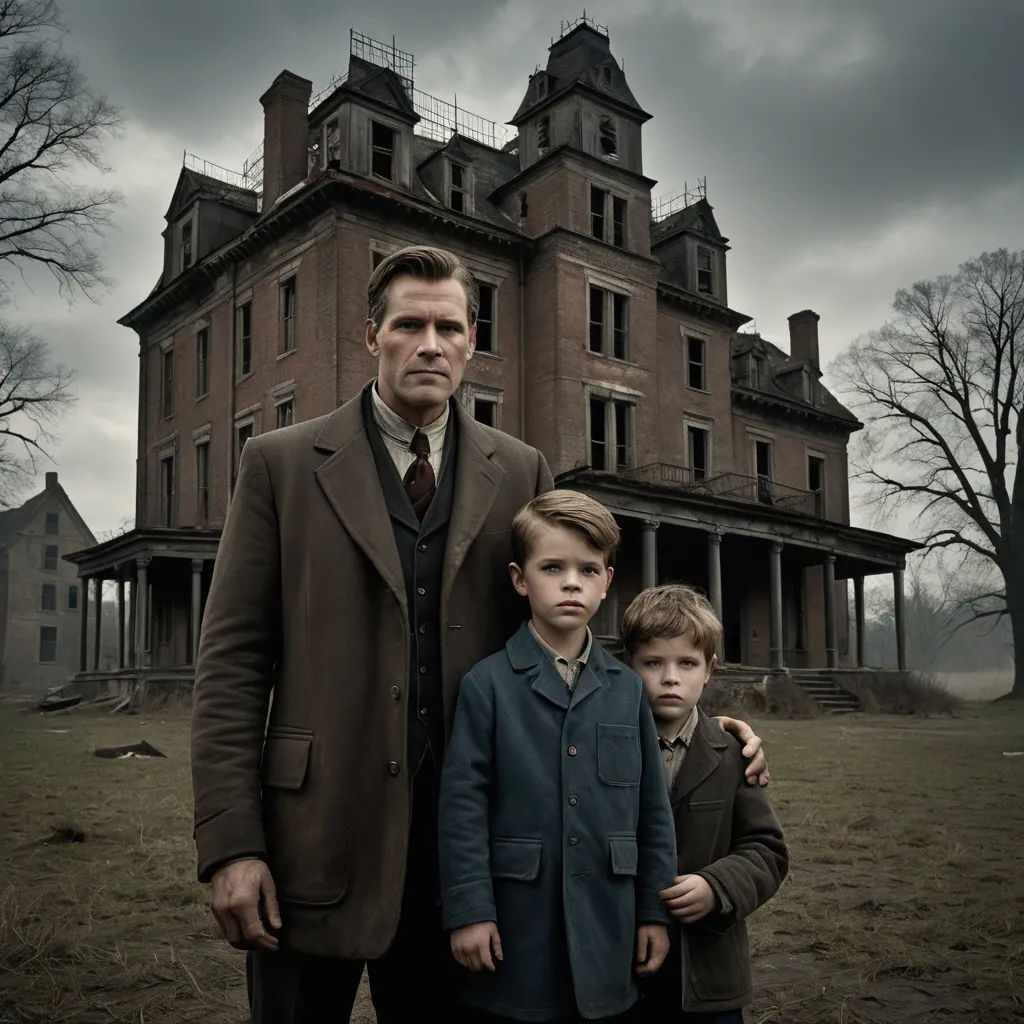 a man and two boys standing in front of a house with a creepy look on their faces and hands, international gothic, a detailed matte painting, Anne Said, promotional image