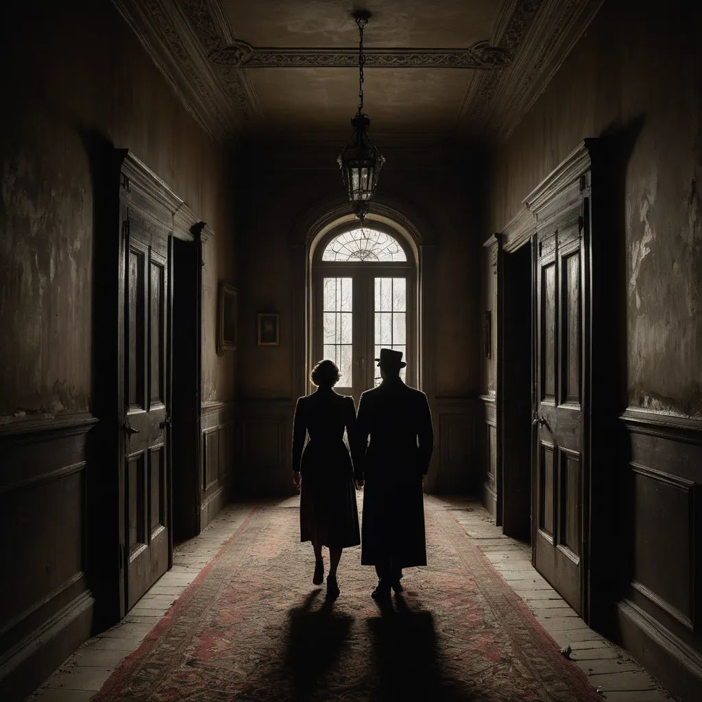 a couple of people that are standing in a hallway together in front of a window and a door with a light on, arts and crafts movement, a detailed matte painting, David Annand, vfx