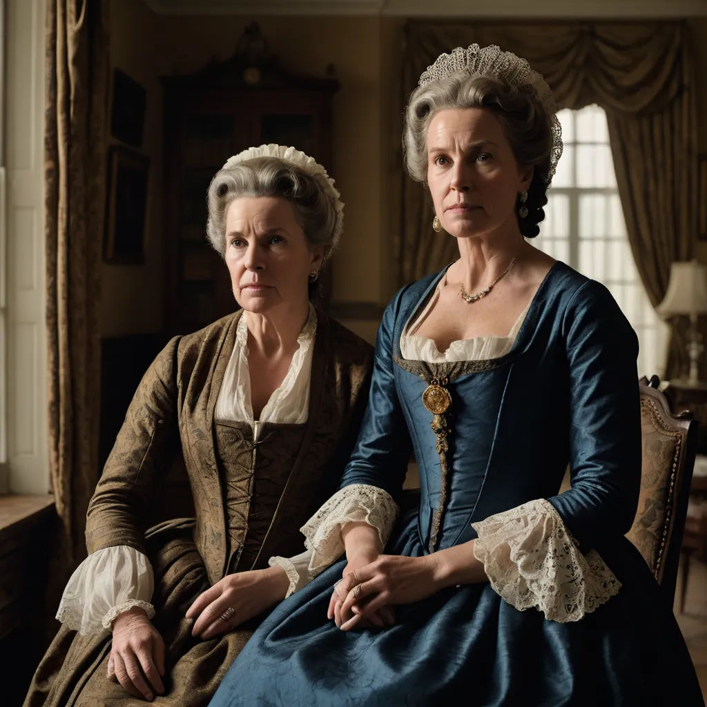 two women in period dress sitting next to each other in a room with a window and a chair in front of them, rococo, a flemish Baroque, Christabel Dennison, promotional image