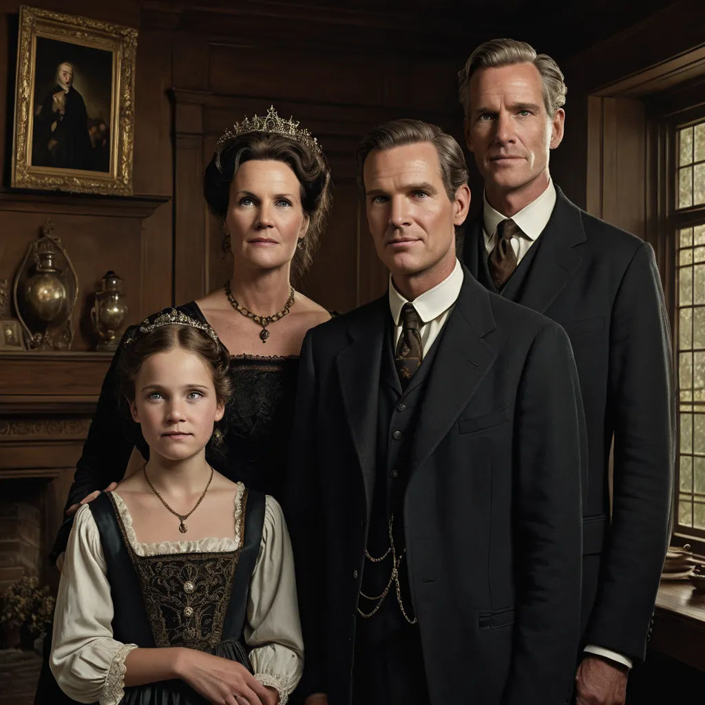 a family posing for a picture in a room with a fireplace and paintings on the wall behind them,, arts and crafts movement, a poster, Anne Said, promotional image