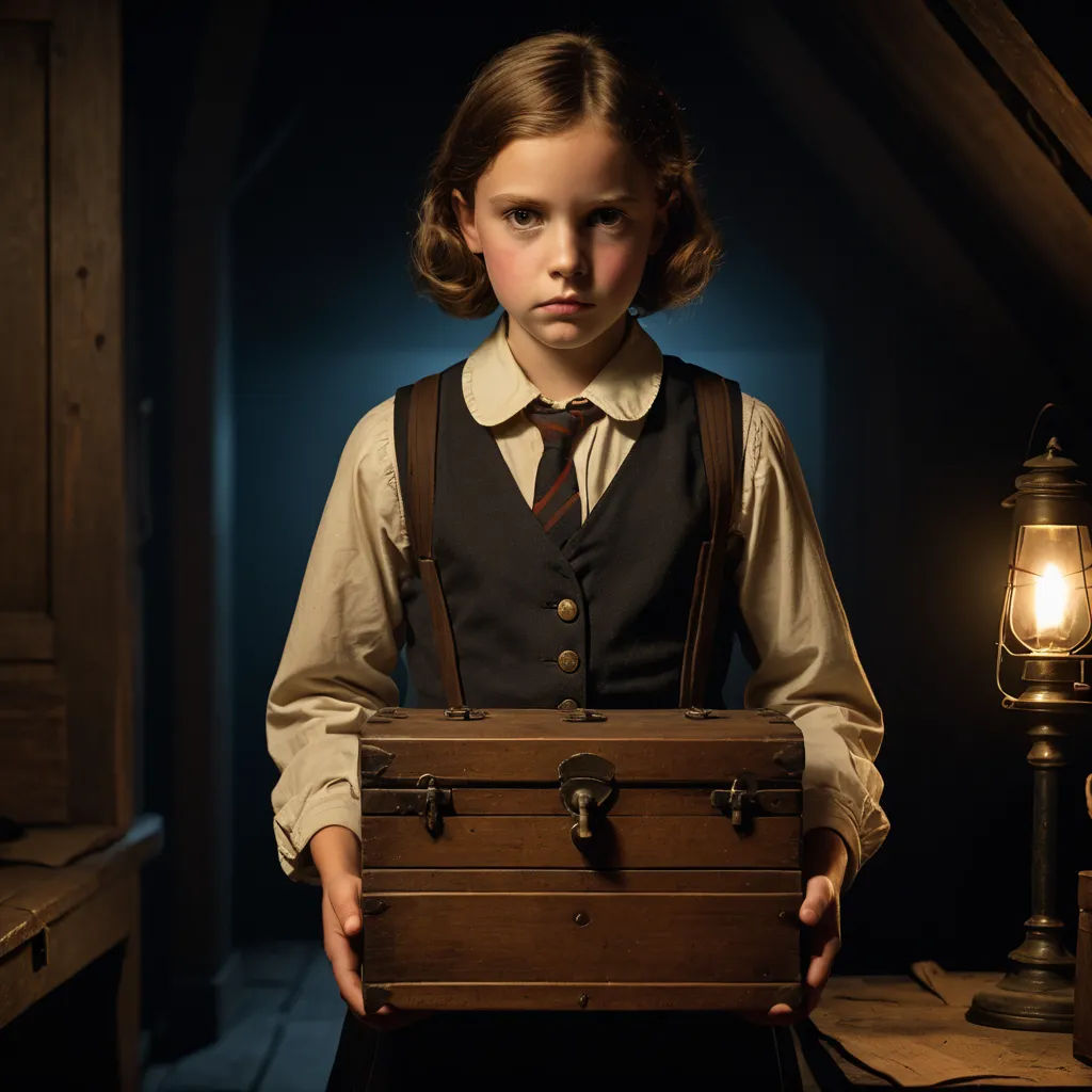 a young girl holding a chest in a dark room with a lamp on the side of the room and a lamp on the other side of the room, arts and crafts movement, a character portrait, Clarice Beckett, promotional image