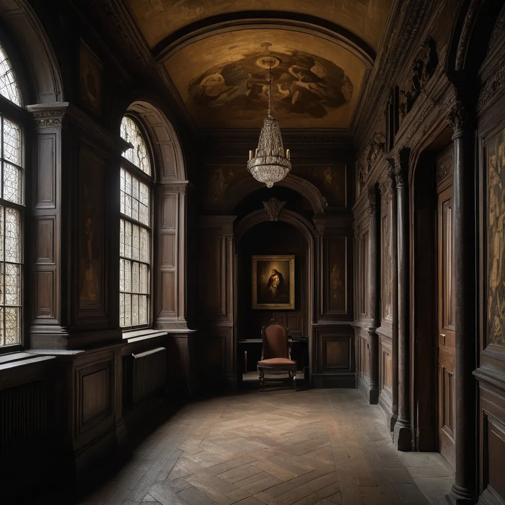 a large room with a chandelier and a chair in it's center area with a painting on the wall, gothic art, a flemish Baroque, Christopher Wren, rembrandt lighting