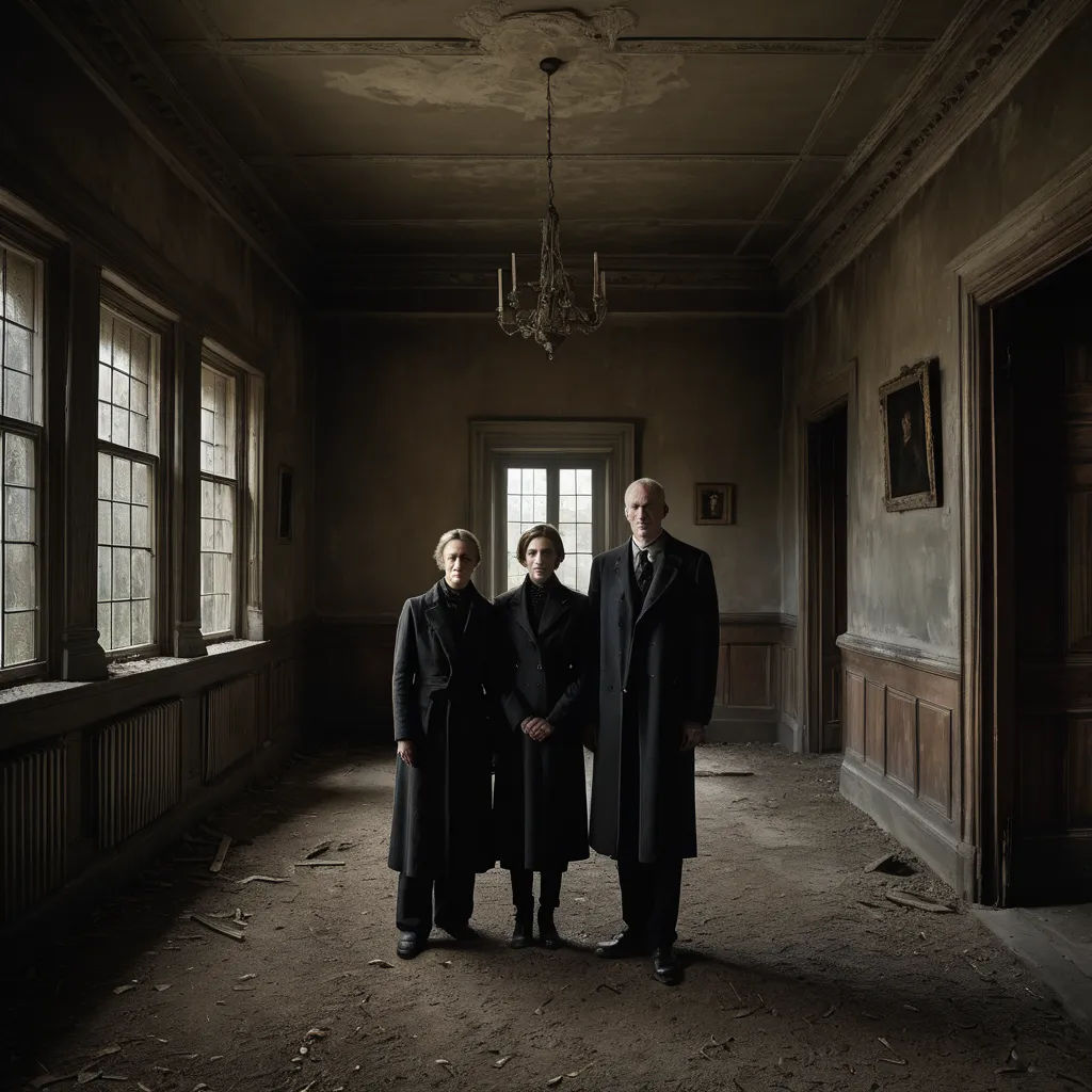 three people standing in a dark room with a chandelier hanging from the ceiling and a chandelier hanging from the ceiling, international gothic, a poster, Chris Friel, promotional image