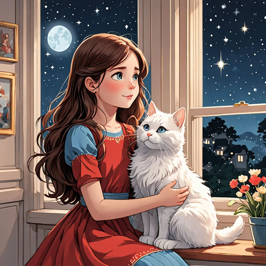 a girl in a red dress holding a white cat in front of a window at night with stars and moon, space art, a storybook illustration, Alice Prin, storybook illustration