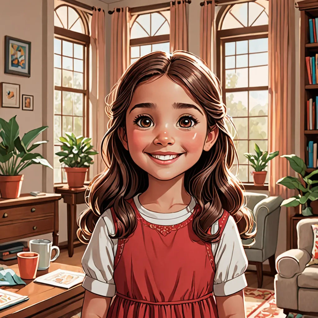 a girl in a red dress standing in a living room with a bookcase and a window behind her, american scene painting, a storybook illustration, Bob Byerley, storybook illustration