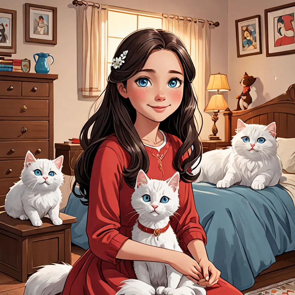 a girl sitting on a bed with two cats in front of her and a cat on the floor behind her, furry art, a storybook illustration, Alice Prin, kinkade