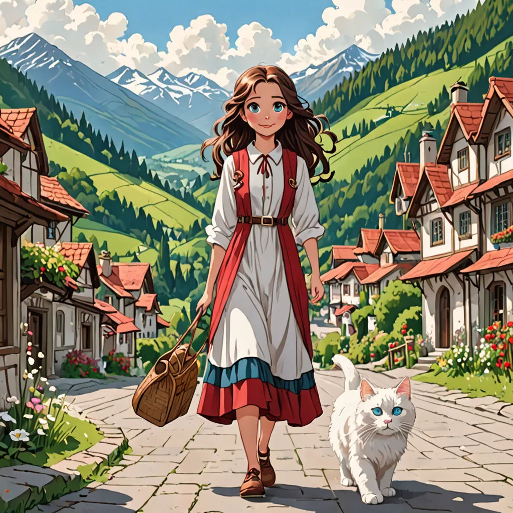 a woman walking down a street next to a white cat and a white cat on a leash and a mountain range in the background, fantasy art, a storybook illustration, Alice Prin, official art