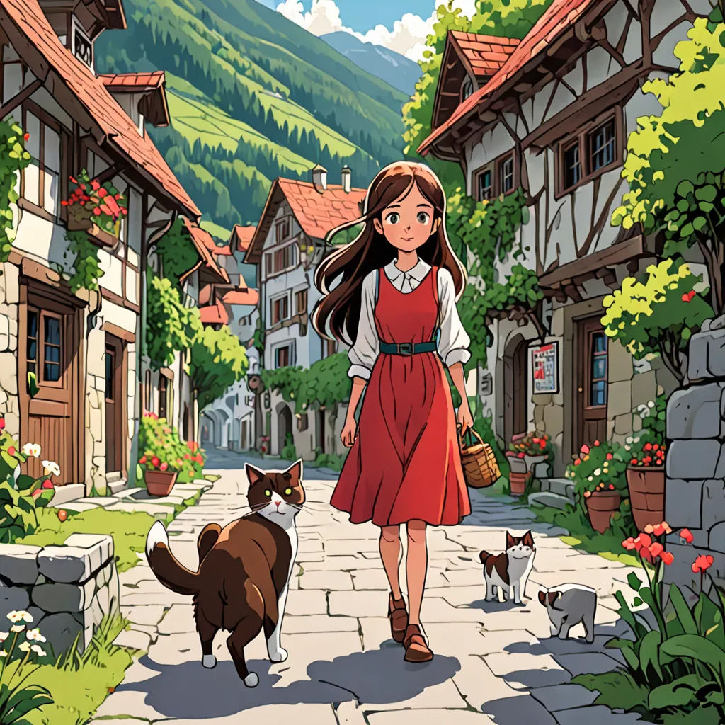 a girl walking down a street with a cat and a dog on the side of the road next to her, magical realism, a storybook illustration, Anne Said, official art