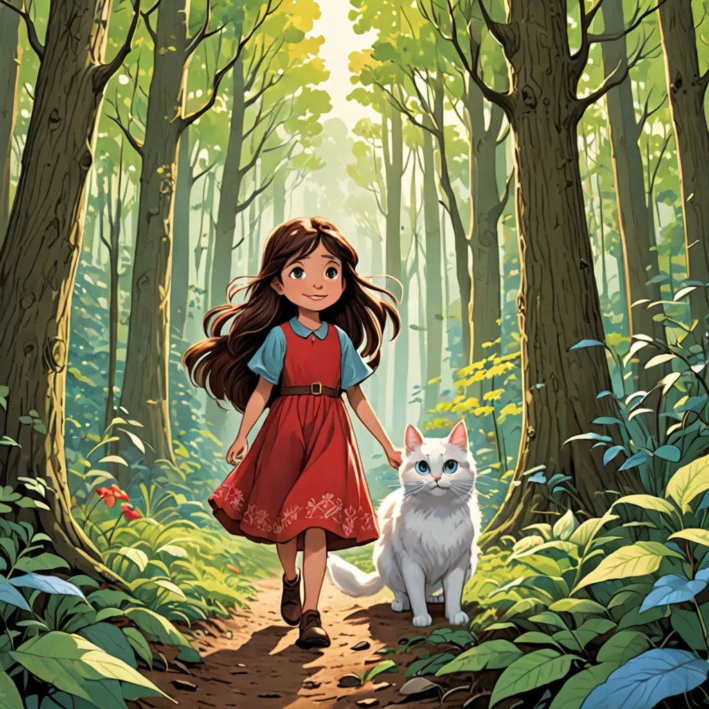 a girl walking through a forest with a cat on a path between trees and ferns, with a forest background, process art, a storybook illustration, Alice Prin, official art
