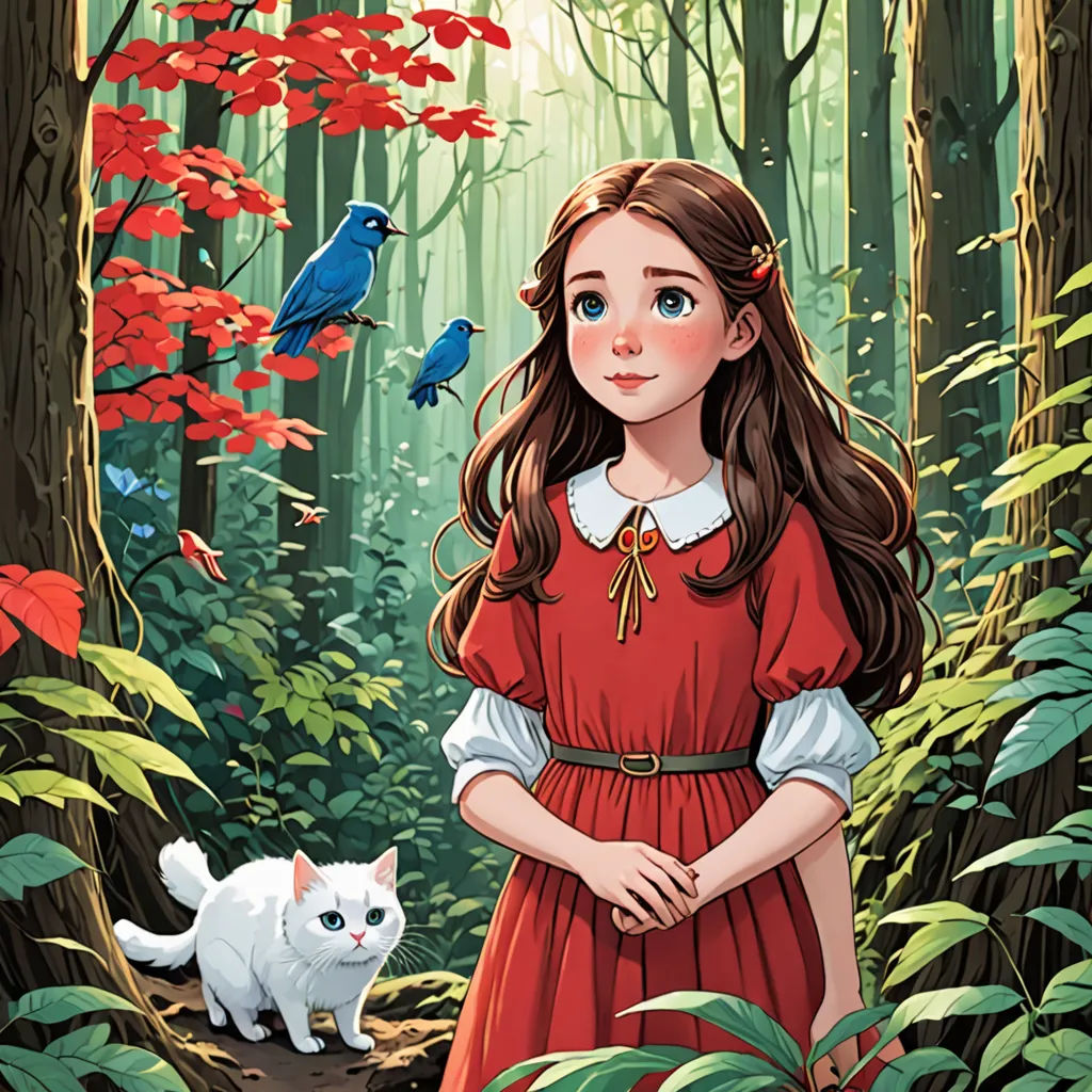 a girl in a red dress standing in a forest with a cat and bird on the ground in front of her, fantasy art, a storybook illustration, Alice Prin, official art