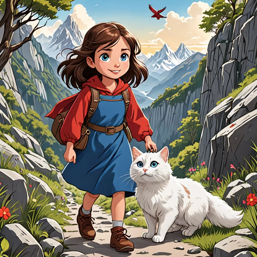 a girl in a red jacket and a white cat on a path in the mountains with a bird flying overhead, furry art, a storybook illustration, Anne Said, ghibli