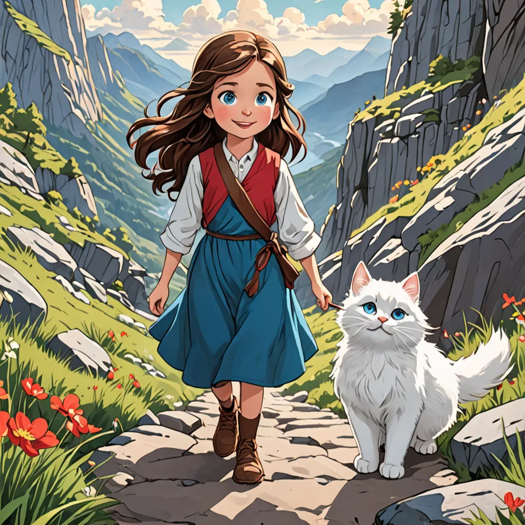a girl in a dress and a cat on a path in a mountain valley with flowers and rocks, with a mountain range in the background, fantasy art, a storybook illustration, Anne Said, official art