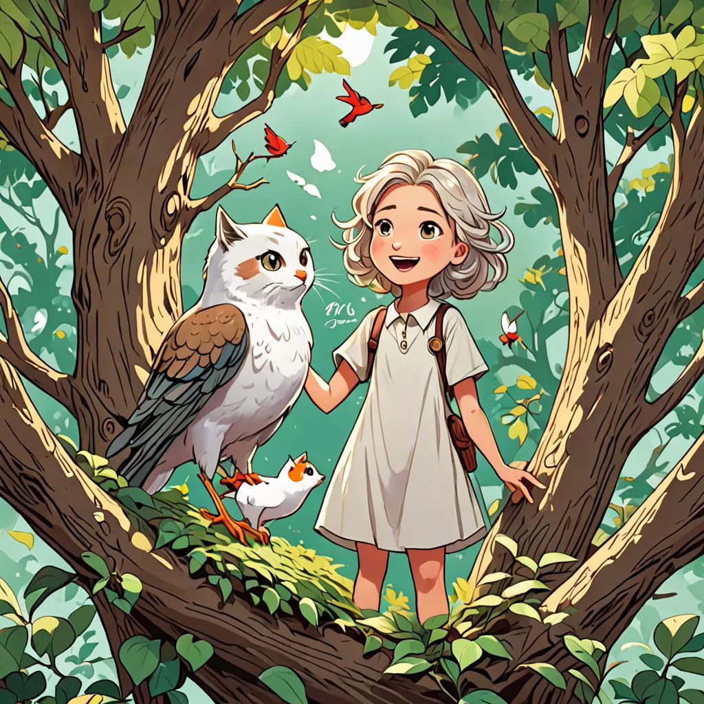 a girl in a white dress standing in a tree with an owl and a bird on her arm, with butterflies flying around her, fantasy art, a storybook illustration, Cliff Childs, rossdraws global illumination