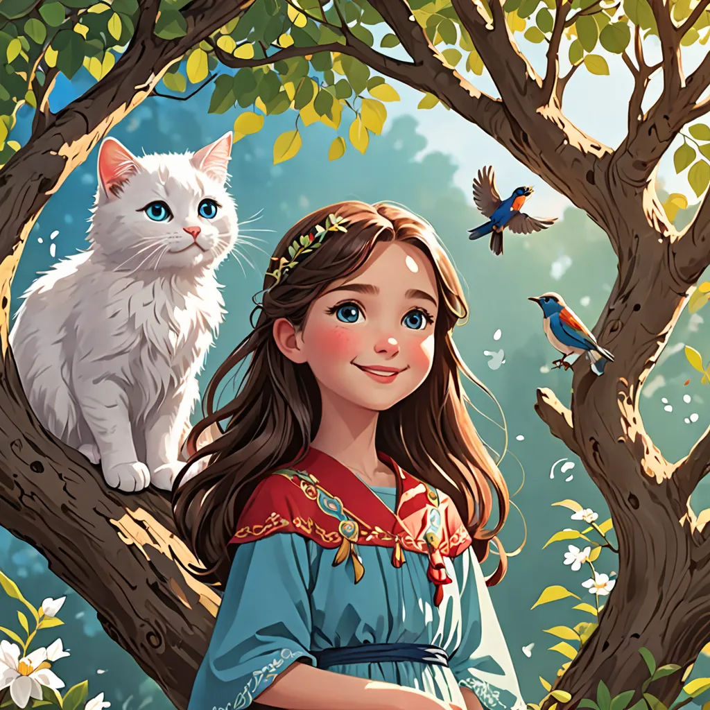 a girl in a blue dress standing next to a white cat on a tree branch with birds flying around, fantasy art, a storybook illustration, Cliff Childs, storybook illustration
