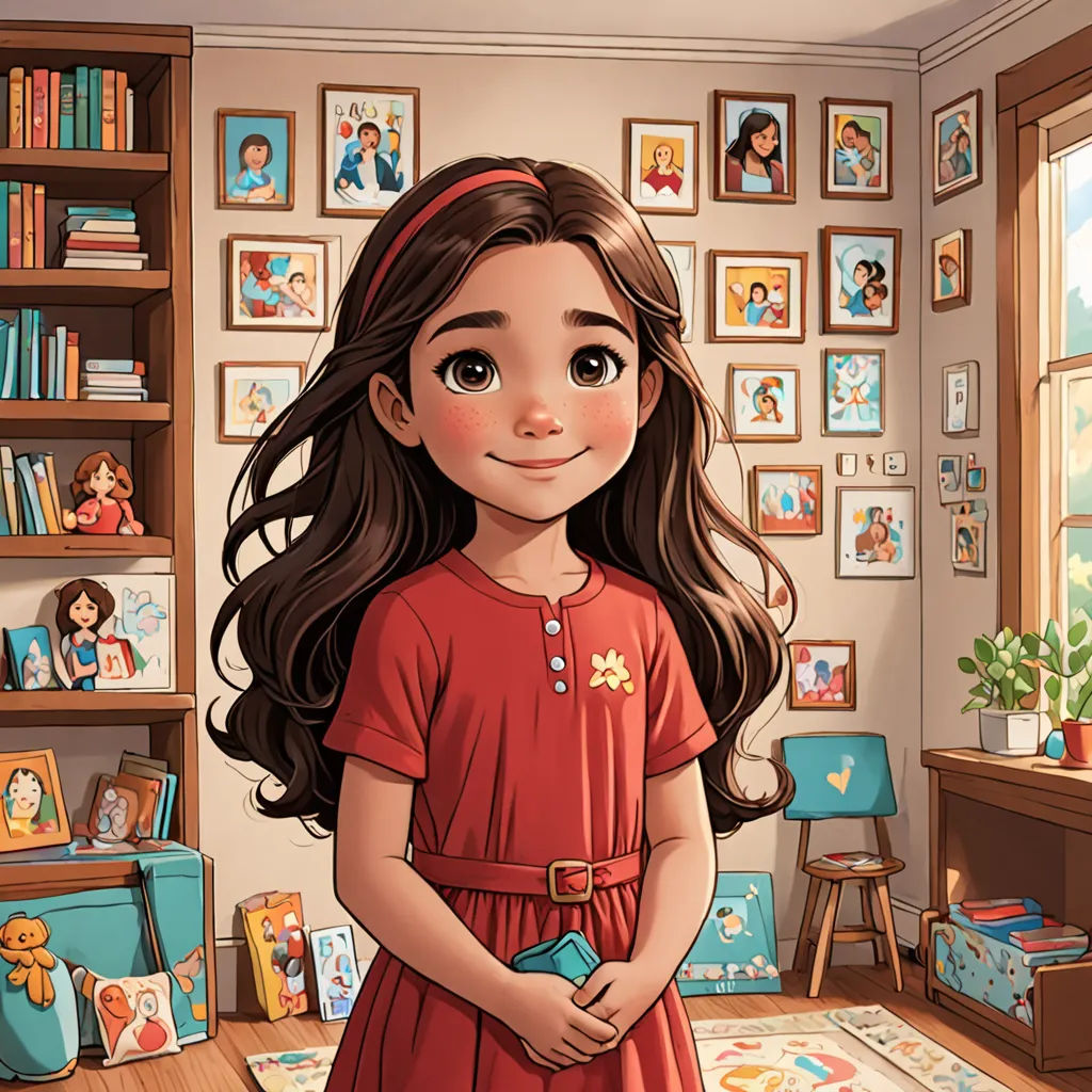 a girl in a red dress standing in a room with a bookcase and a window with pictures on it, photorealism, a storybook illustration, Clarice Beckett, storybook illustration