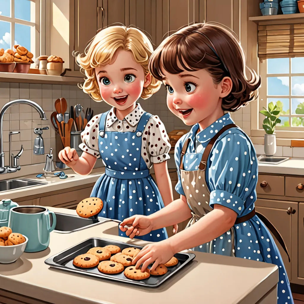 two children are baking cookies in a kitchen together, one is holding a tray of cookies and the other is holding a bowl of cookies, american scene painting, a storybook illustration, Bob Byerley, highly detailed digital painting
