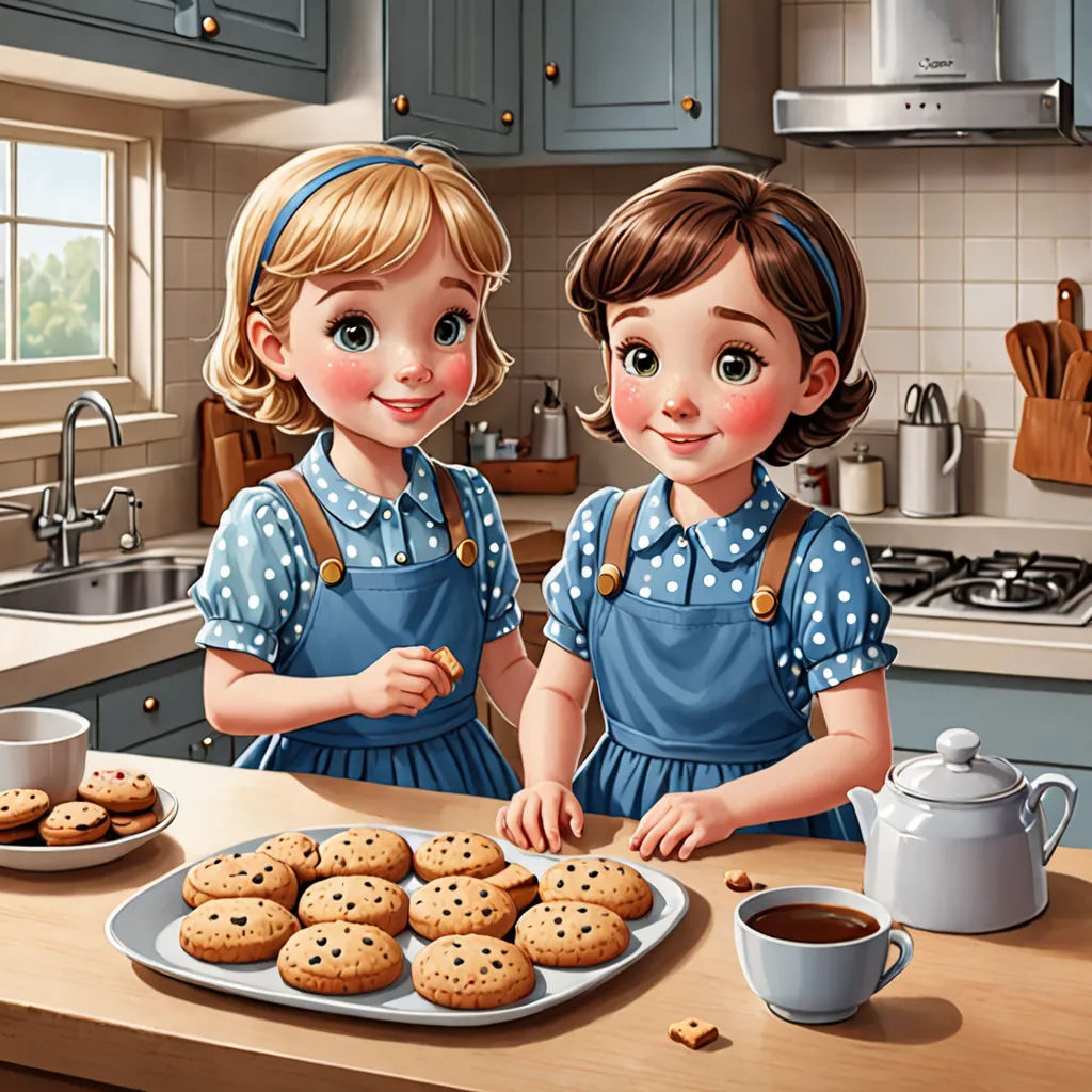 two girls in blue aprons are making cookies on a counter top with a plate of cookies on the counter, hyperrealism, a storybook illustration, Chris LaBrooy, highly detailed digital painting