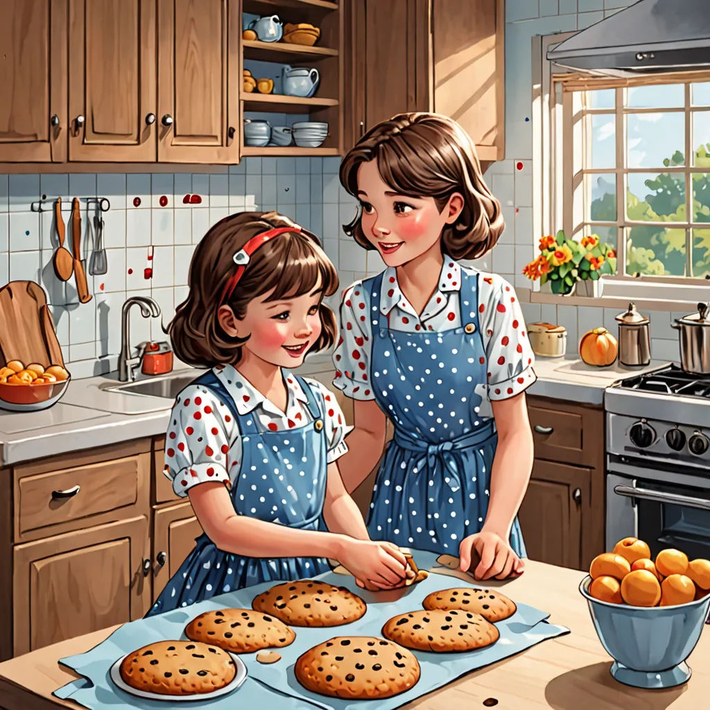 two girls in the kitchen making cookies on a tray with oranges on the counter top and a bowl of oranges on the counter, american scene painting, a storybook illustration, Carol Sutton, highly detailed digital painting