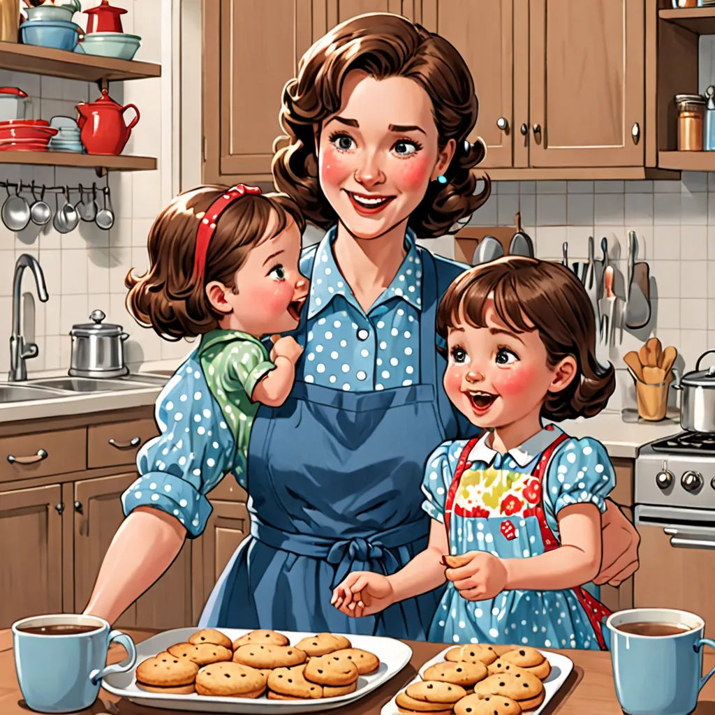 a woman and two children standing in front of a plate of cookies and cookies on a table with a plate of cookies, american realism, a storybook illustration, Doris Blair, high detail illustration