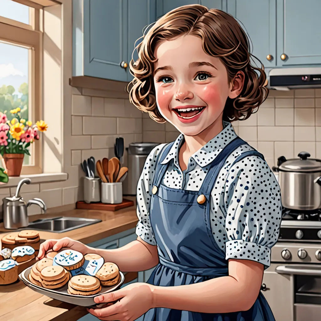 a painting of a girl holding a tray of cookies in a kitchen with a window in the background and a pot of flowers in the foreground, american scene painting, a storybook illustration, Bob Byerley, highly detailed digital painting