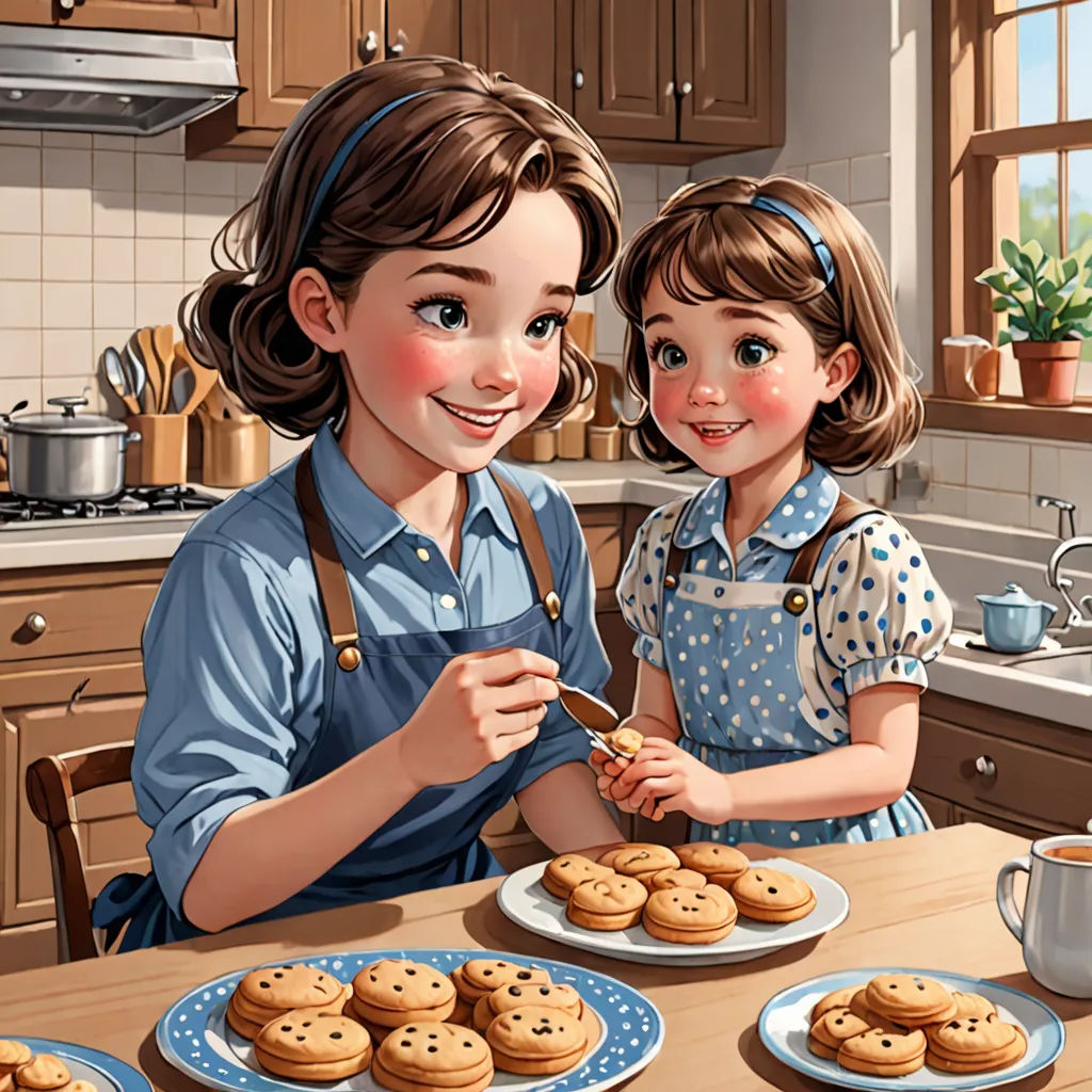 a painting of two girls in a kitchen with cookies on a plate and a plate of cookies on the table, american scene painting, a storybook illustration, Caroline Lucy Scott, highly detailed digital painting