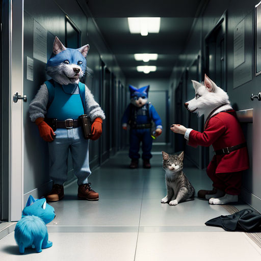 a person in a red suit and a cat in a red suit and a dog in a blue suit