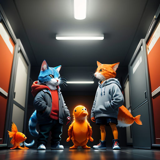 a group of cats standing next to each other in a hallway with a cat on the floor and a cat on the ground
