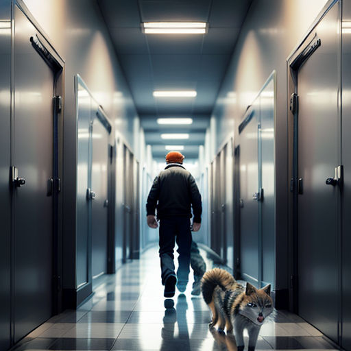 a man walking down a hallway with a dog on a leash next to him and another man walking down the hallway