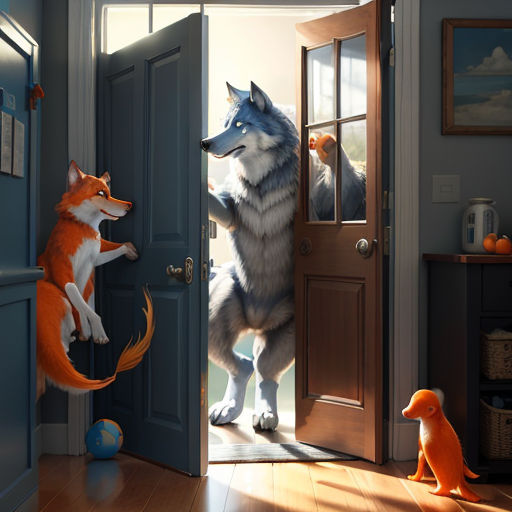 a dog and a fox are standing in a doorway with a dog looking at them through the glass door