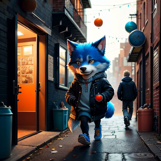 a fox is walking down a city street with a person walking by it and a person walking down the street