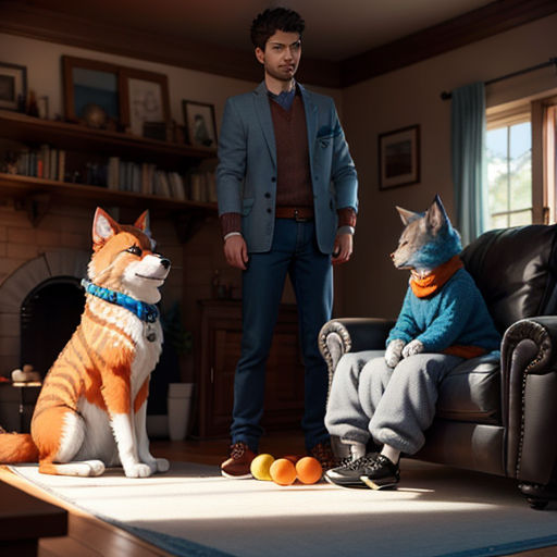 a man standing next to a dog and a cat sitting on a couch in a living room next to a fireplace