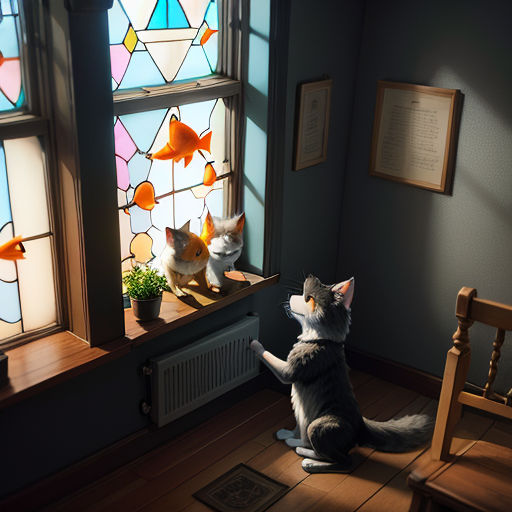a cat sitting on the floor in front of a window with fish on it and a radiator