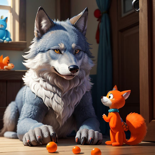 a cartoon wolf and a cat are sitting on the floor in front of a door and a window with blue curtains