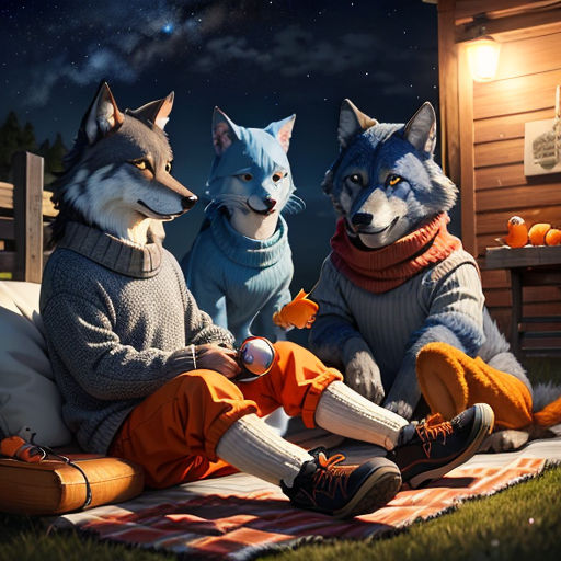 three stuffed animals sitting on a blanket on a lawn at night with a person sitting on the ground next to them
